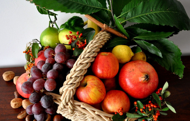 Обои картинки фото еда, фрукты, ягоды, виноград, яблоки, лимон, лайм, орехи, рябина