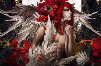 Картинка фэнтези ангелы цветы красные волосы парень