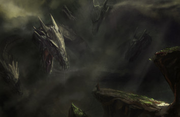 Картинка фэнтези драконы туман человек утесы дракон