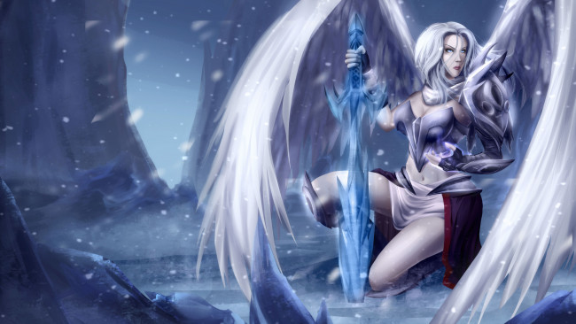 Обои картинки фото фэнтези, ангелы, меч, доспехи, воин, девушка, зима, ледяной