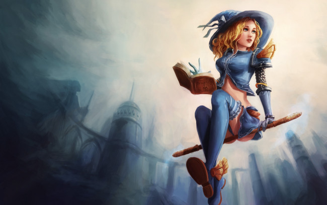 Обои картинки фото видео игры, league of legends, lux, league, of, legends, magic, stick, witch, blonde, sexy, book, hat