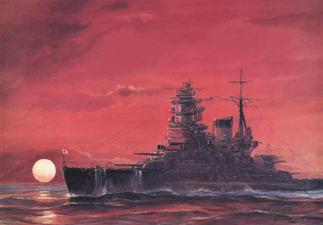Обои картинки фото корабли, рисованные, япония, линкор, военный, орудия, море