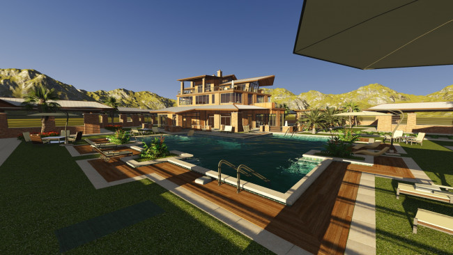 Обои картинки фото 3д графика, реализм , realism, горы, бассейн, дом