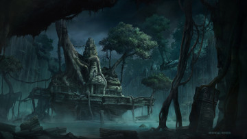 Картинка фэнтези пейзажи деревья арт вода храм