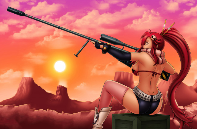 Обои картинки фото аниме, tengen toppa gurren-lagann, винтовка, фон, девушка
