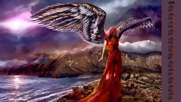 Картинка календари фэнтези водоем крылья камни женщина