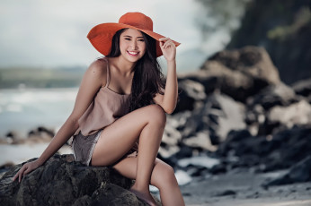 Картинка девушки -unsort+ азиатки женщины модель длинные волосы соломенная шляпа брюнетка пляж скалы