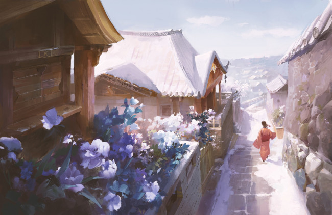 Обои картинки фото аниме, unknown,  другое , девушка, улица, дома, снег, цветы