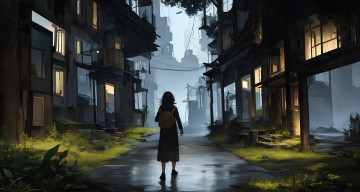 Картинка аниме город +улицы +интерьер +здания девушка с рюкзаком идет по пустому городу