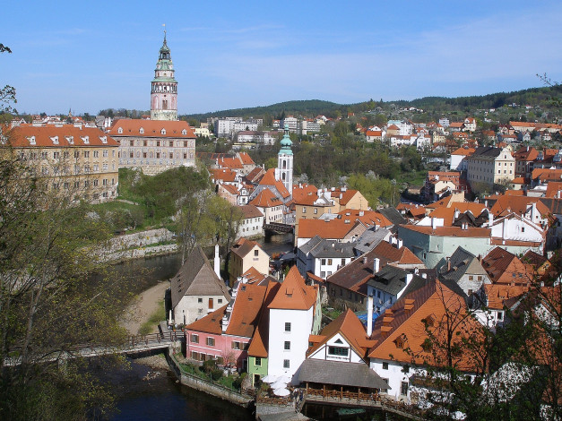 Обои картинки фото крумлов, Чехия, города, панорамы, река, дома, крыши