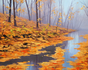 Картинка рисованные graham gercken деревья листья осень природа река