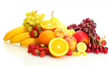 Картинка еда фрукты ягоды клубника черешня бананы яблоки апельсины виноград