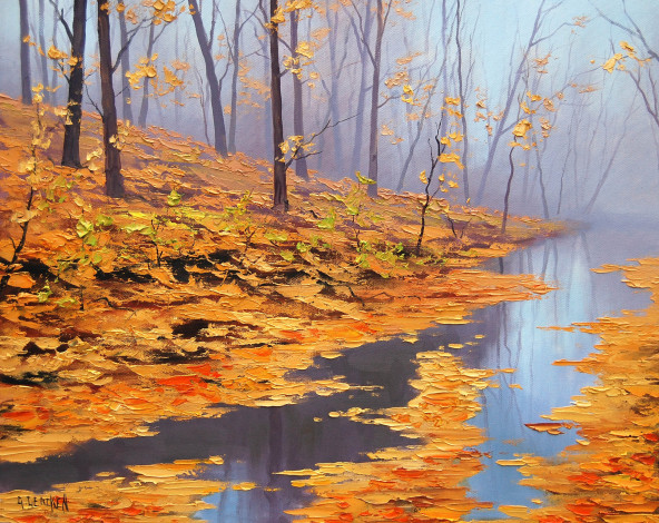 Обои картинки фото рисованные, graham, gercken, деревья, листья, осень, природа, река