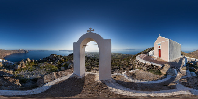 Обои картинки фото oia, santorini, greece, природа, побережье, санторини, греция, эгейское, море, панорама, часовня, арка, ия