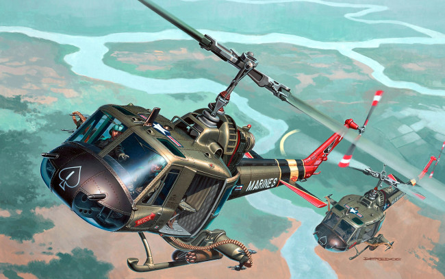 Обои картинки фото uh, авиация, 3д, рисованые, graphic, сша, пехоты, морской, вертолет, ирокез