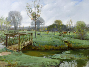 Картинка сэмюэл+бёрч рисованное живопись мостик река ручей трава коровы луг пейзаж небо облака