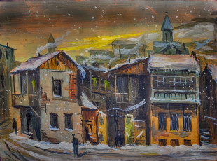 Картинка рисованное живопись масло город здания люди