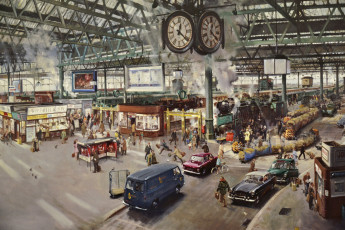 Картинка terence+cuneo рисованное картина дым вокзал поезда город часы люди