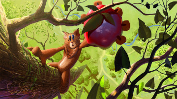 Картинка рисованное животные +рыси лес арт яблоко ветки кот деревья
