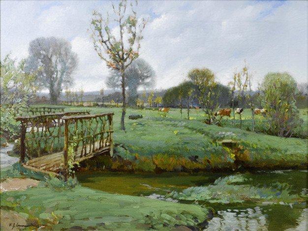 Обои картинки фото сэмюэл бёрч, рисованное, живопись, мостик, река, ручей, трава, коровы, луг, пейзаж, небо, облака