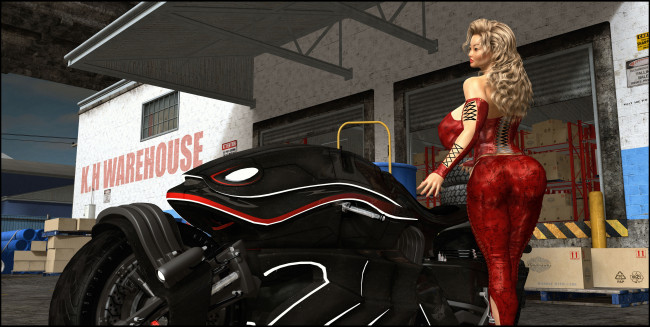Обои картинки фото мотоциклы, 3d, девушка, взгляд, фон, мотоцикл