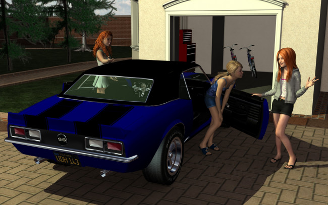 Обои картинки фото автомобили, 3d car&girl, взгляд, девушки, автомобиль, фон