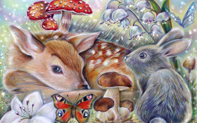 Обои картинки фото рисованное, животные, thumper, bambi, кролик, арт, олененок, бемби, бабочка, гриб