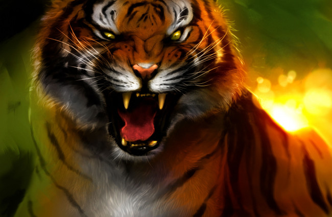 Обои картинки фото рисованное, животные,  тигры, оскал, ярость, клыки, bengal, tiger, тигр