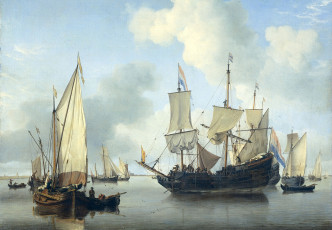 Картинка рисованное живопись парус холст картина масло виллем ван де велде младший морской пейзаж корабли на Якоре у побережья