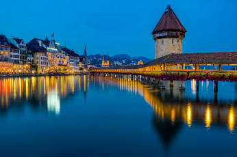 Картинка города люцерн+ швейцария switzerland люцерн отражение ночной город мост капельбрюкке