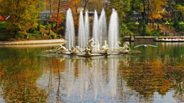 обоя города, - фонтаны, скульптура, конь, птица, листья, вода