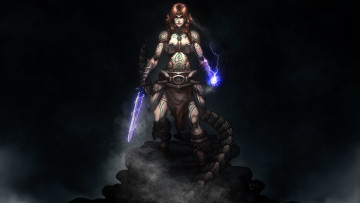 Картинка 3д+графика фантазия+ fantasy арт маг воин рыжая skyrim девушка меч грудь тату