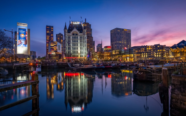 Обои картинки фото города, - огни ночного города, роттердам, старая, гавань, вечер, закат, лодки, здания, городской, вид, ваинхавен, нидерланды
