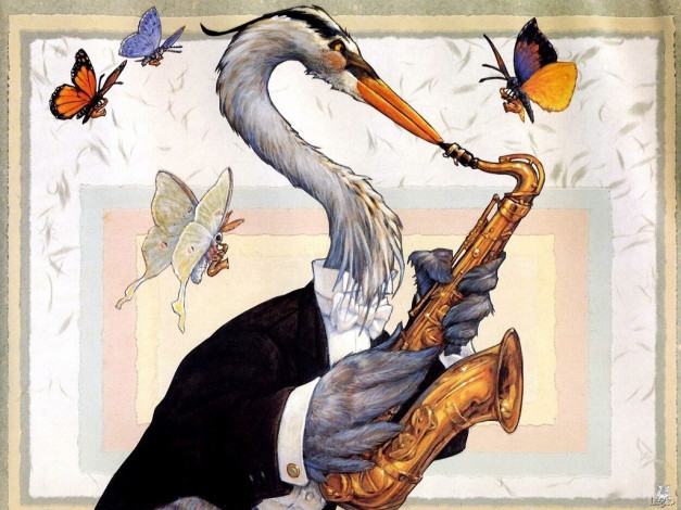 Обои картинки фото рисованные, животные, цапля, бабочка, саксофон