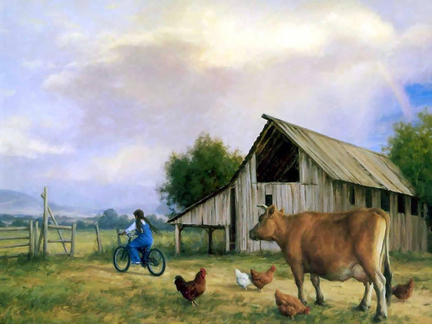 Обои картинки фото рисованные, животные, корова, курица