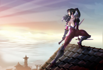 Картинка фэнтези девушки меч самурай крыша