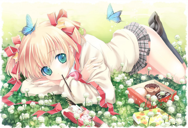 Обои картинки фото аниме, *unknown, другое, девочка, бабочки, цветы, клевер, пончики