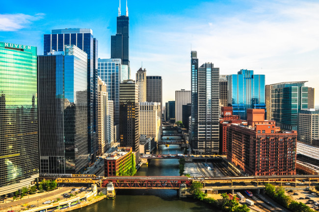 Обои картинки фото города, Чикаго, сша, мосты, небоскребы