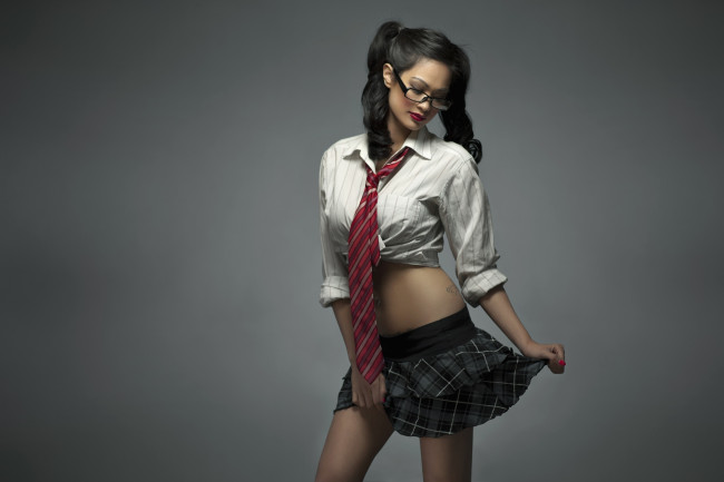 Обои картинки фото -Unsort Азиатки, девушки, unsort, азиатки, юбка, хвостики, очки, школьница