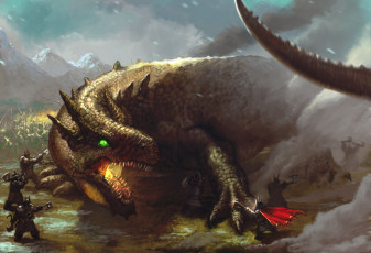 Картинка фэнтези драконы гномы дракон сражение войско рыцари