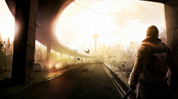 Картинка фэнтези люди город постапокалипсис будущее рюкзак мужчина разрушения автострада