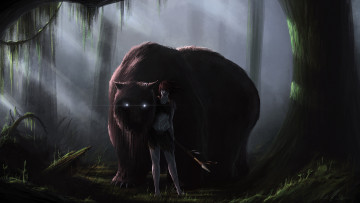 Картинка фэнтези красавицы+и+чудовища копье монстр варвар девушка лес дикарь