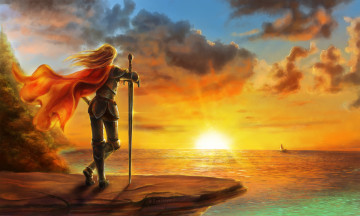 Картинка фэнтези девушки арт закат море парусник девушка меч плащ ветер
