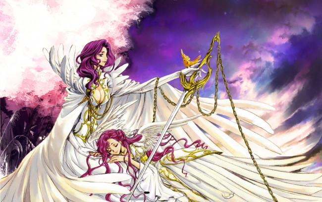 Обои картинки фото аниме, code geass, посох, розовые, волосы, цепи, небо, крылья, ангел, девушки