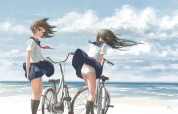 Картинка аниме unknown +другое si-ruanmumu арт девушки пляж море велосипед облака небо ветер