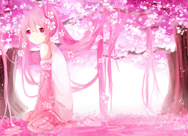 Обои картинки фото аниме, vocaloid, hatsune, miku, tagme, artist, sakura, цветы, волосы, арт, девушка, розовый