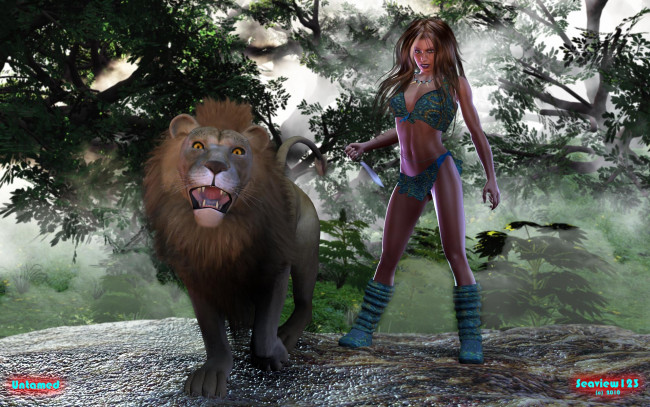 Обои картинки фото 3д графика, фантазия , fantasy, девушка, взгляд, фон, нож, лев