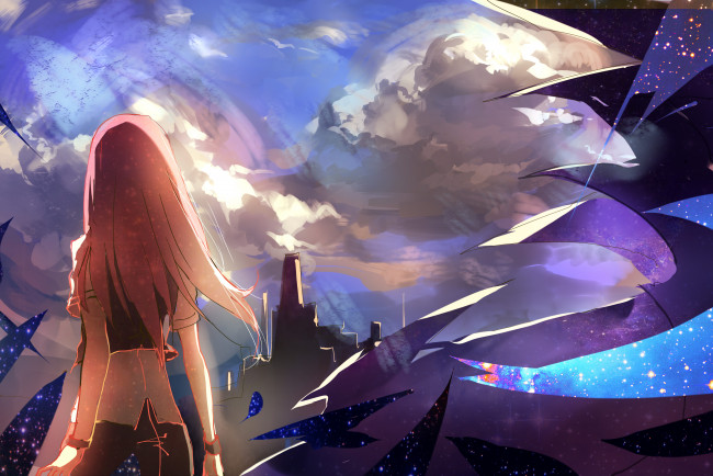 Обои картинки фото аниме, vocaloid, девушка, арт, megurine, luka, закат, облака, небо, вокалоид