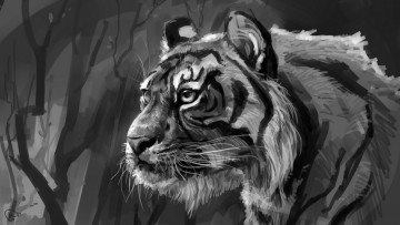 Картинка рисованное животные +тигры голова деревья