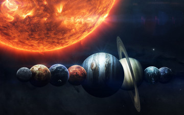 Картинка космос солнце планеты солнечной системы выстроились в ряд рядом с солнцем
